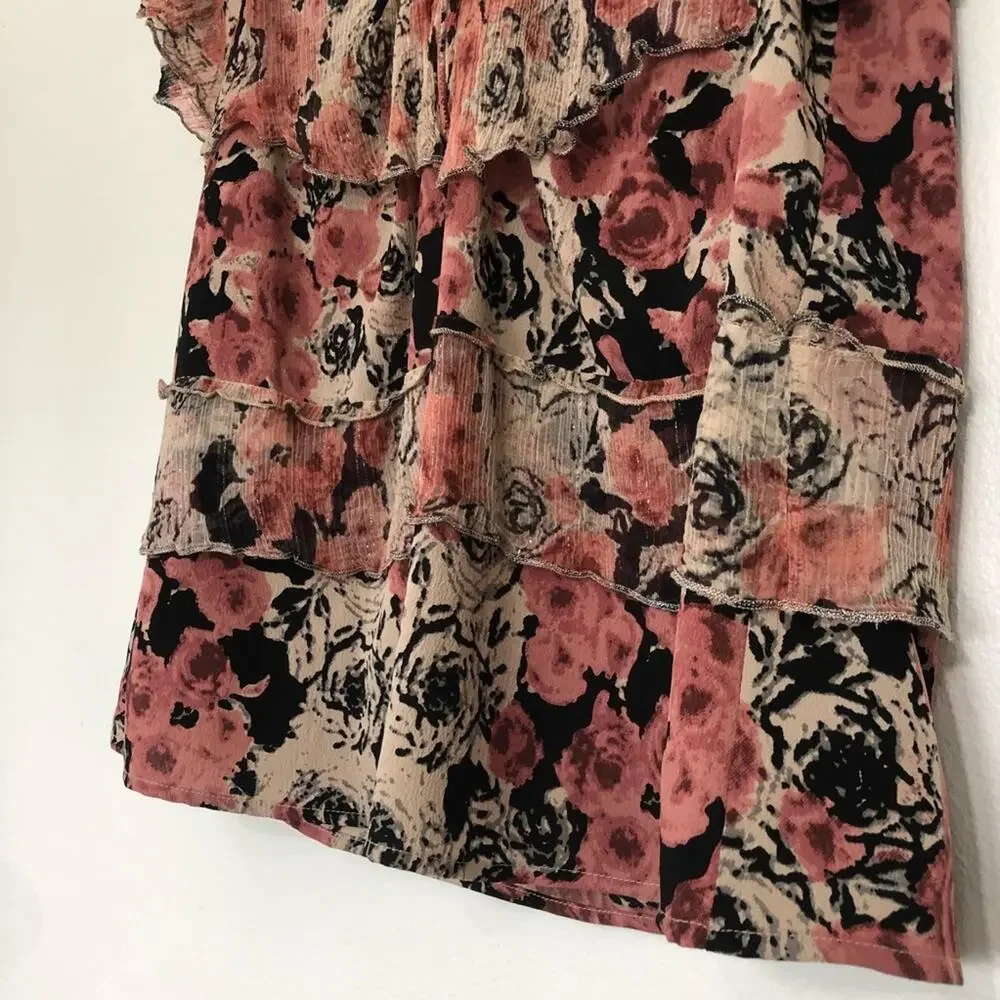 Lucky Brand Ruffled Rose Print Top Lace Up Tiered